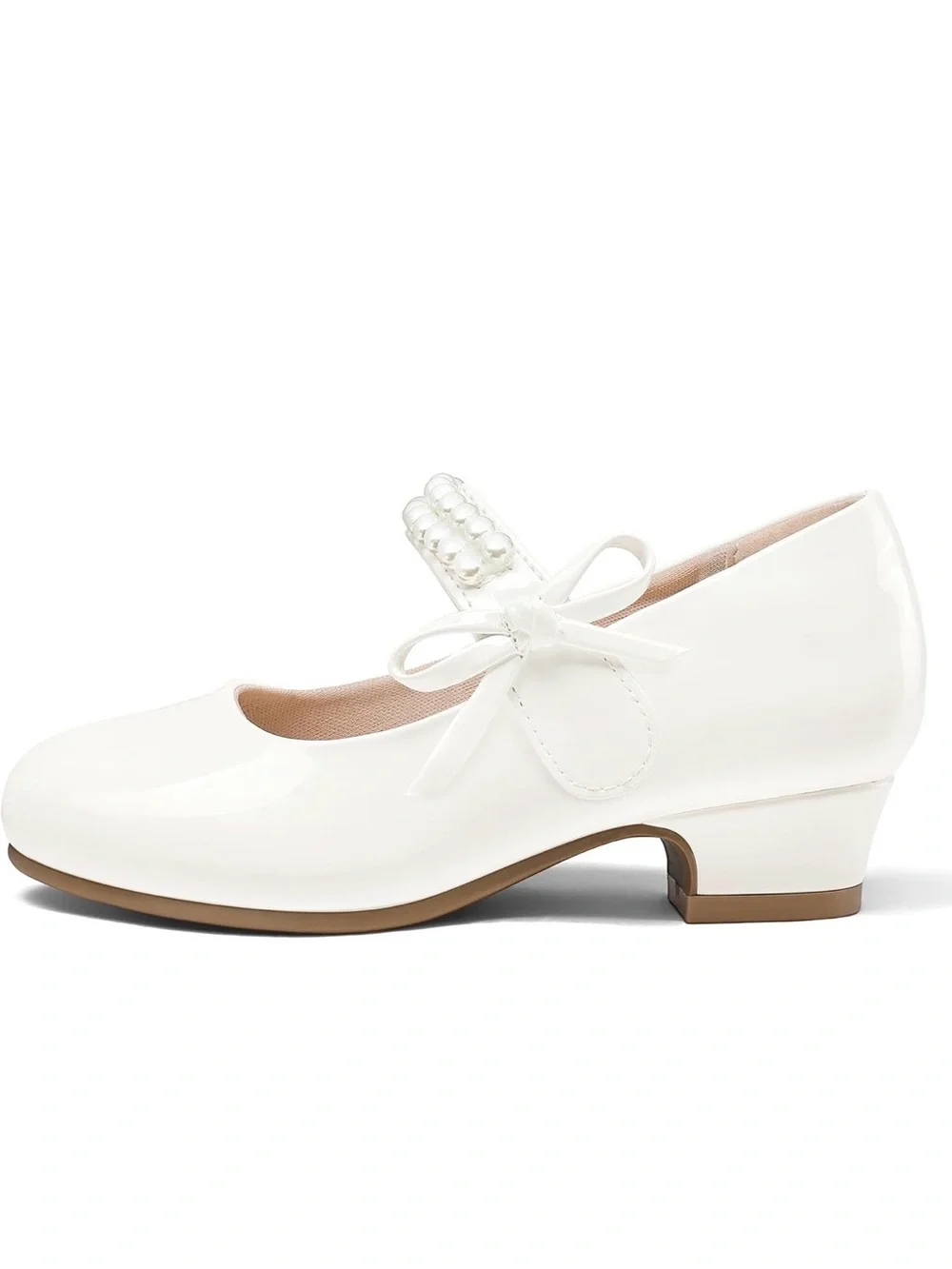 K KomForme Girls Dress Shoes Low Heels Pumps Princess Mary Jane with Pearl & Bow